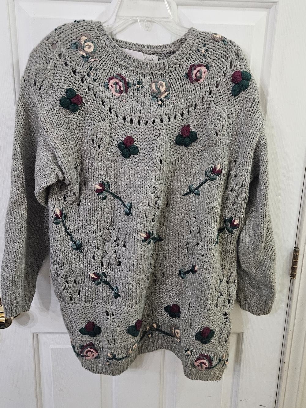 Vtg 90s Carolina Colours Chunky Hand Knit Sweater Sz M Cottage Floral Textured